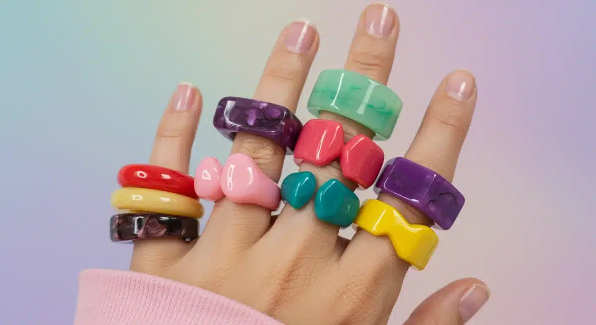 Stylishly stacked chunky resin rings, showcasing a bold accessory trend for 2025.