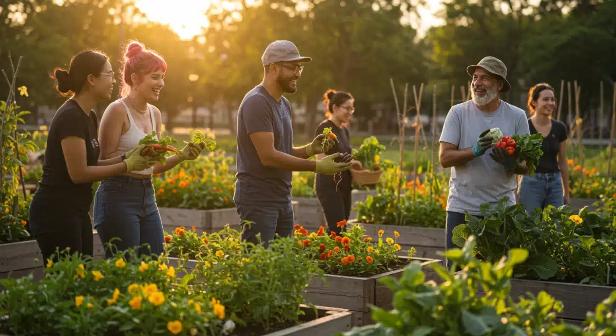 Diverse community laughing, working in a vibrant garden, symbolizing shared gratitude.