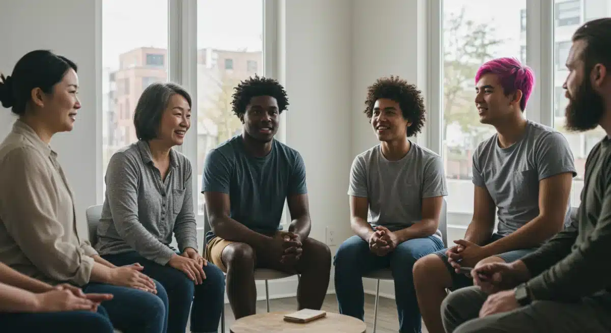 Group of people collaborating, sharing insights on habit change and mutual support.