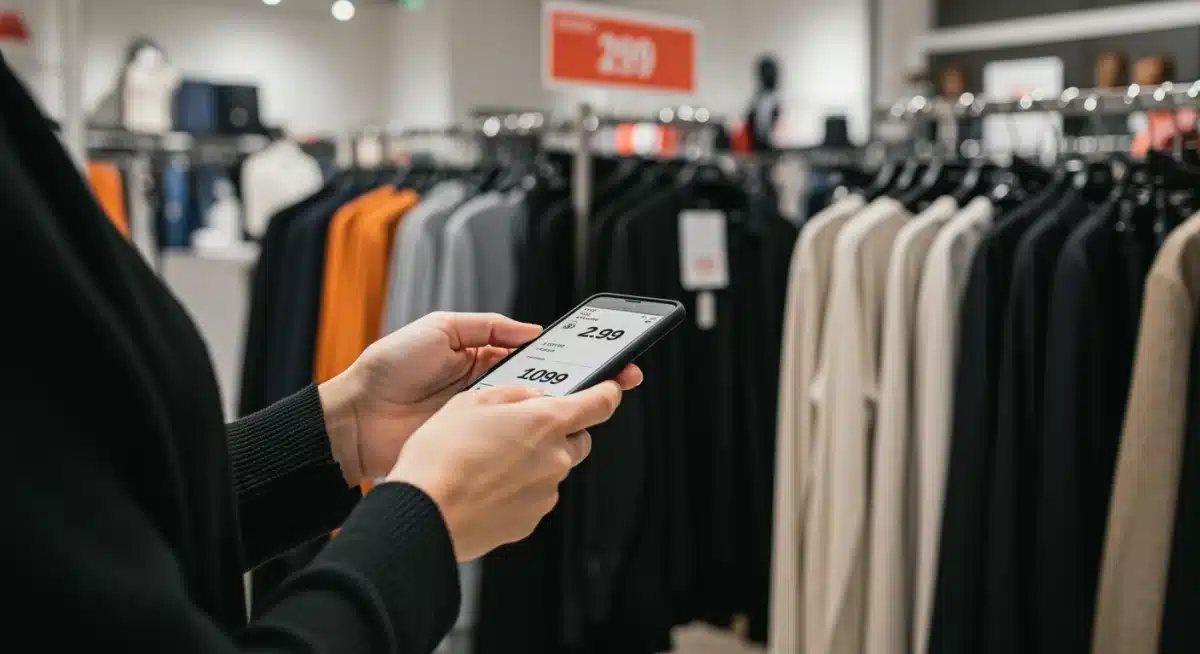Person comparing prices on smartphone in clothing store