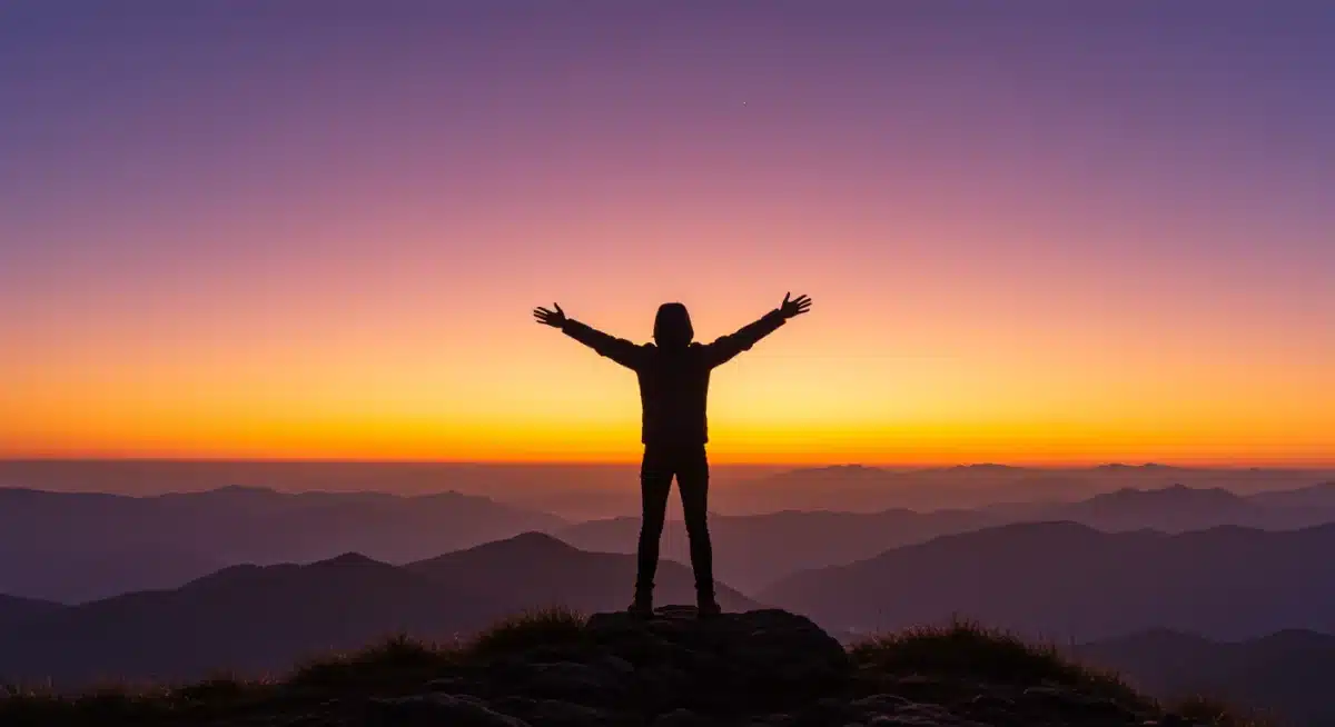 Person confidently standing on a mountain peak at sunrise