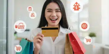 Woman smiling while holding a credit card with shopping bags and reward symbols