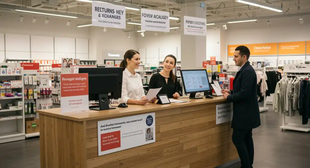 Retail associate explaining new exchange policy to a customer at a service desk.