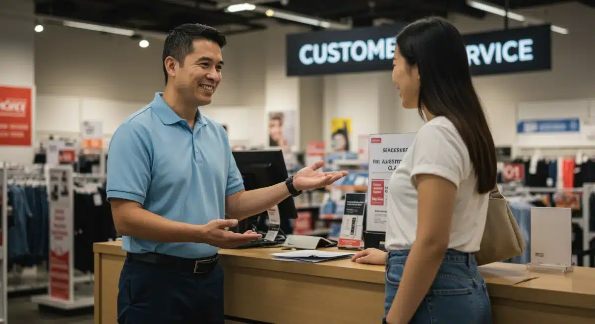 Customer service agent helping a satisfied customer with a price adjustment claim in a retail store.