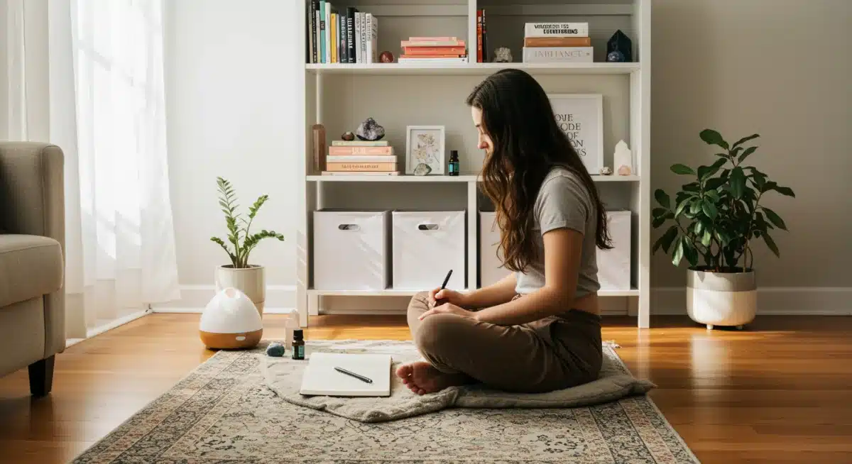 Person journaling in a peaceful home, practicing daily abundance mindset techniques.