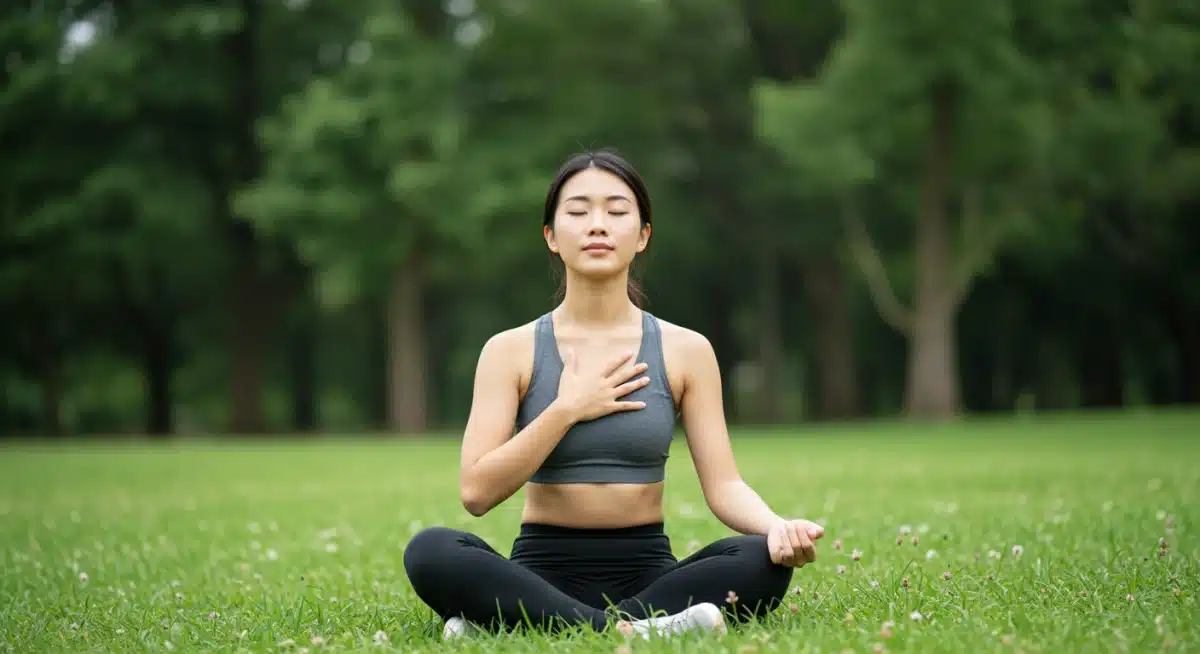 Individual performing deep breathing exercises in a tranquil outdoor setting for stress relief.