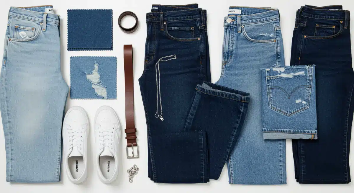 Flat lay of different denim washes, textures, and styling accessories like a belt and sneakers.