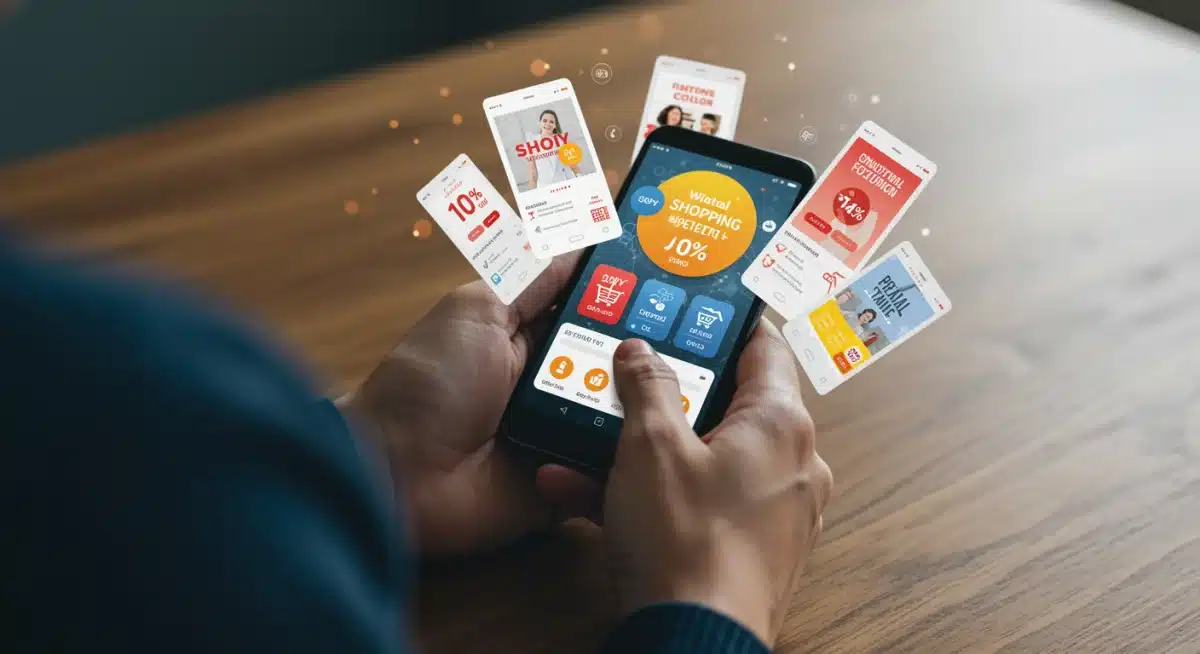 Hands using a smartphone to manage digital coupons and loyalty programs for stacking discounts.