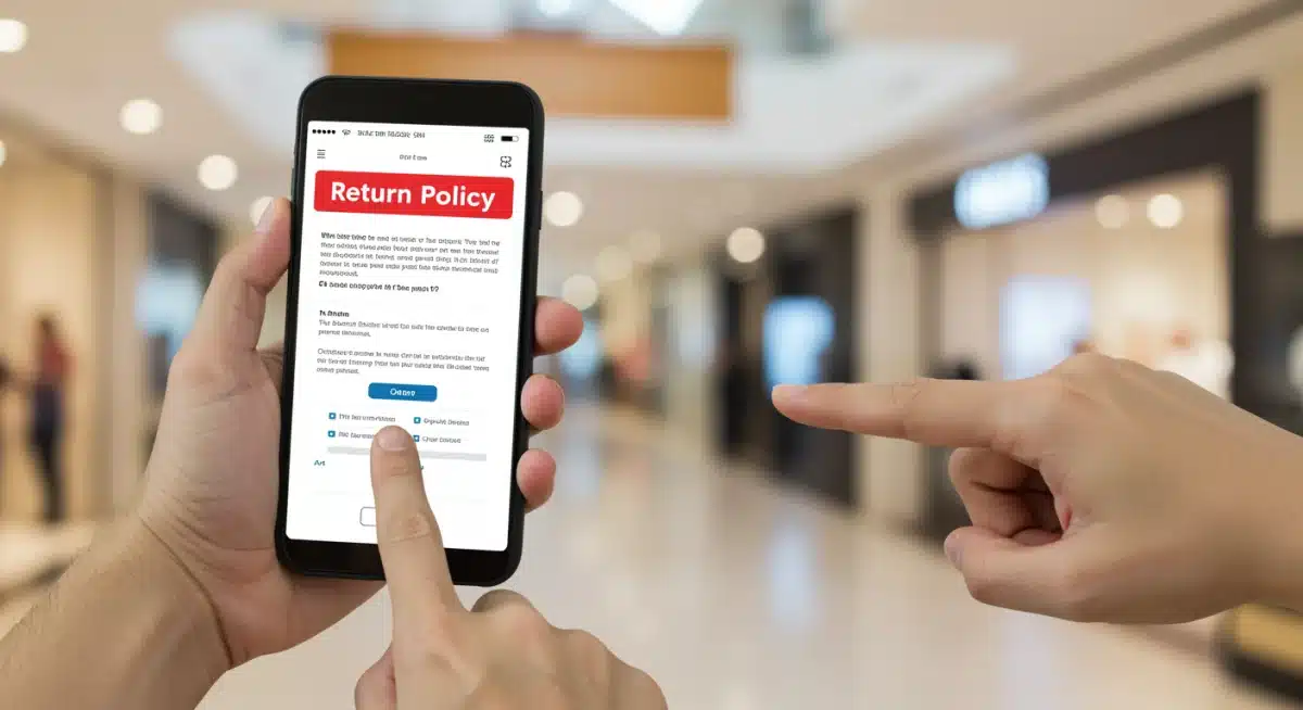 Consumer reviewing updated digital return policy on smartphone in a retail setting.