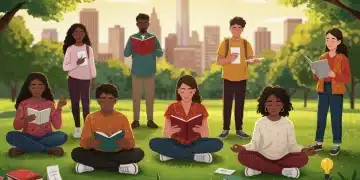 Diverse individuals discovering purpose in a vibrant US park setting.