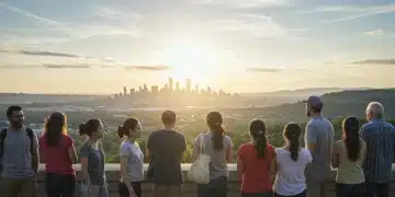 Diverse group of US residents embracing a new dawn, symbolizing change