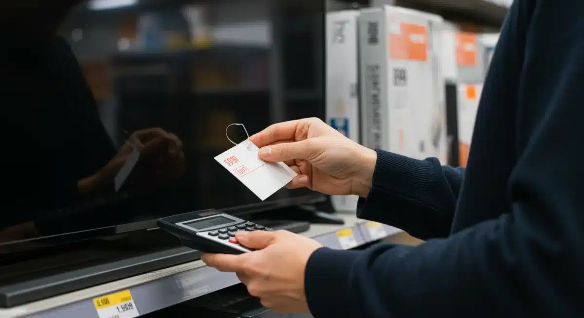 Person examining price tag and considering negotiation strategy