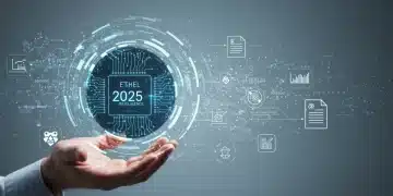 Stylized AI brain with policy documents and ethical symbols for 2025 federal guidelines