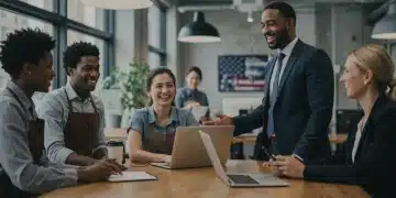 Diverse small business owners discussing federal aid programs for 2025 with advisors, symbolizing new opportunities.