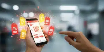 Person excitedly engages with flash sale deals on a smartphone, surrounded by shopping bags and discount symbols, illustrating quick purchasing decisions.