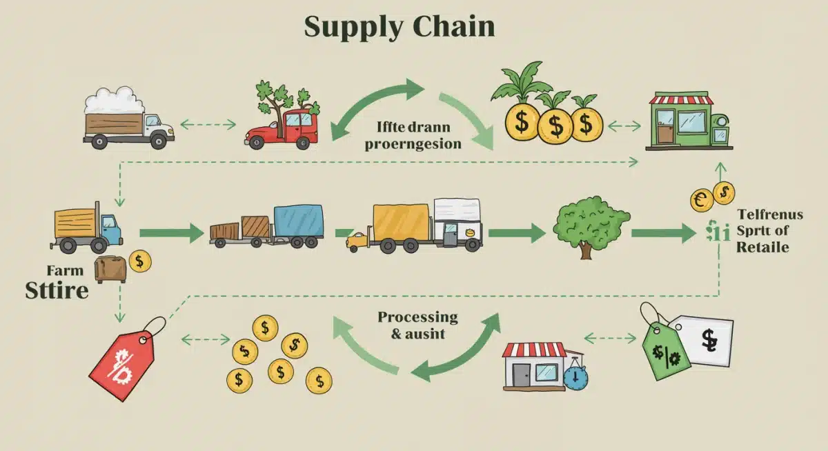 Infographic showing the food supply chain from farm to consumer with price points.