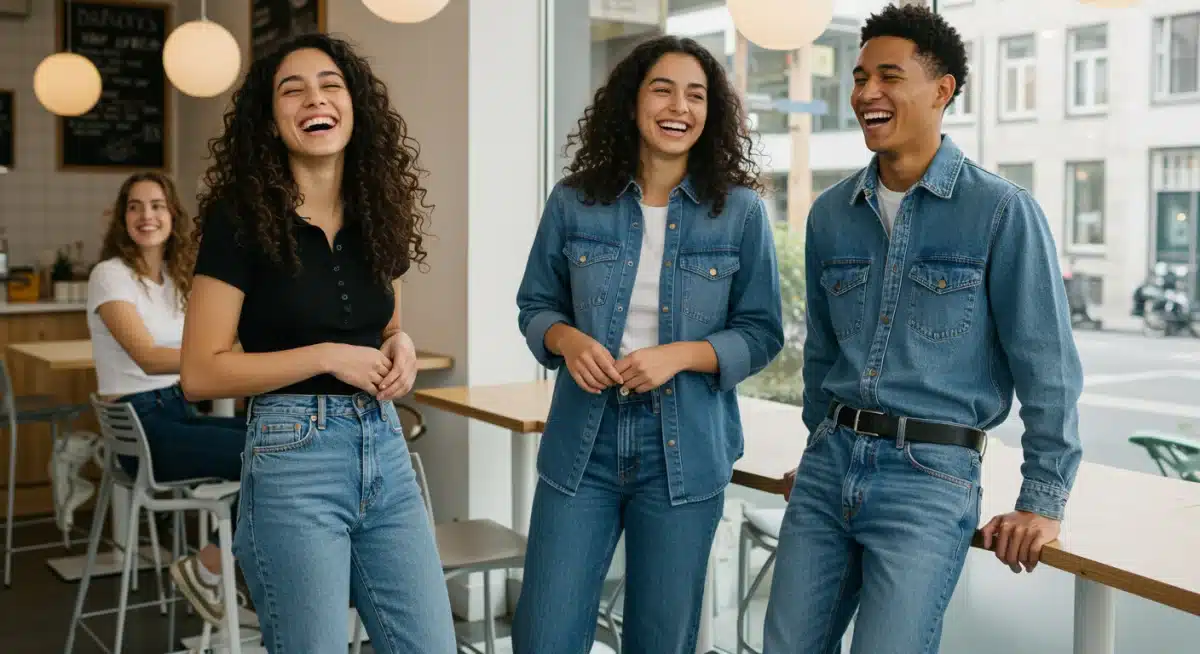 Group of friends in a cafe, each wearing a different trending denim style like barrel, straight-leg, and relaxed fit jeans.