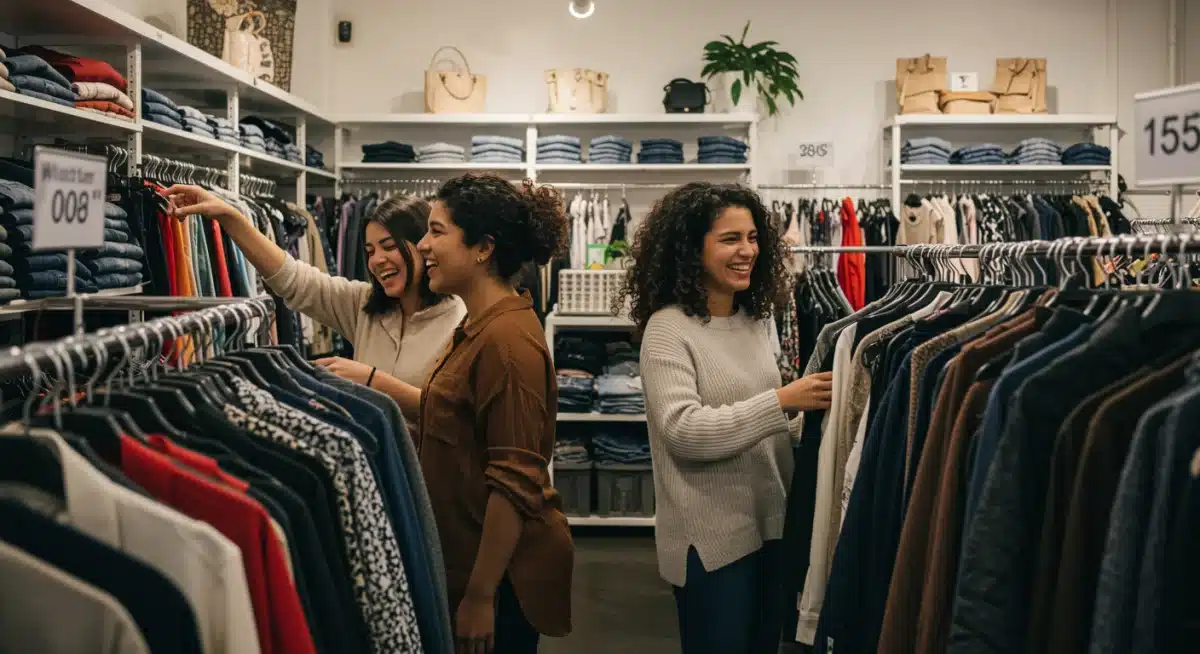 Friends enjoying shopping in a second-hand clothing store