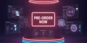 Futuristic product display with 'Pre-Order Now' sign for exclusive 2025 tech and fashion