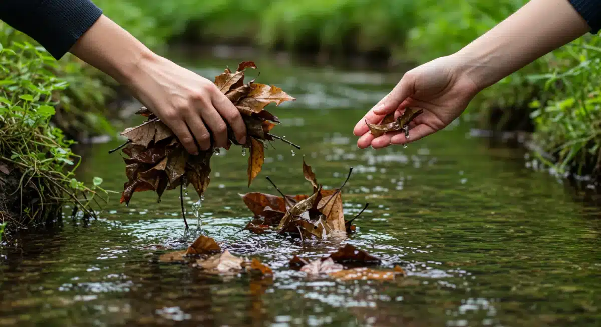 Hand releasing dried leaves into stream, symbolizing letting go and renewal.