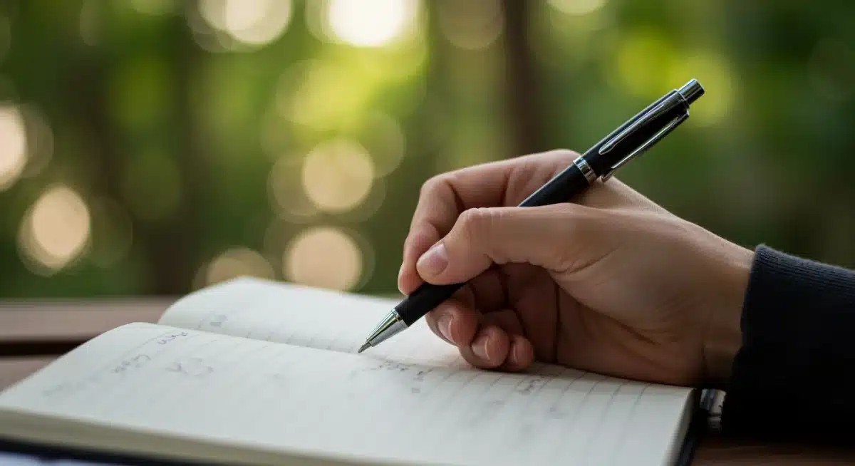 Hand holding a pen over a journal, ready to write, symbolizing the act of beginning reflection.