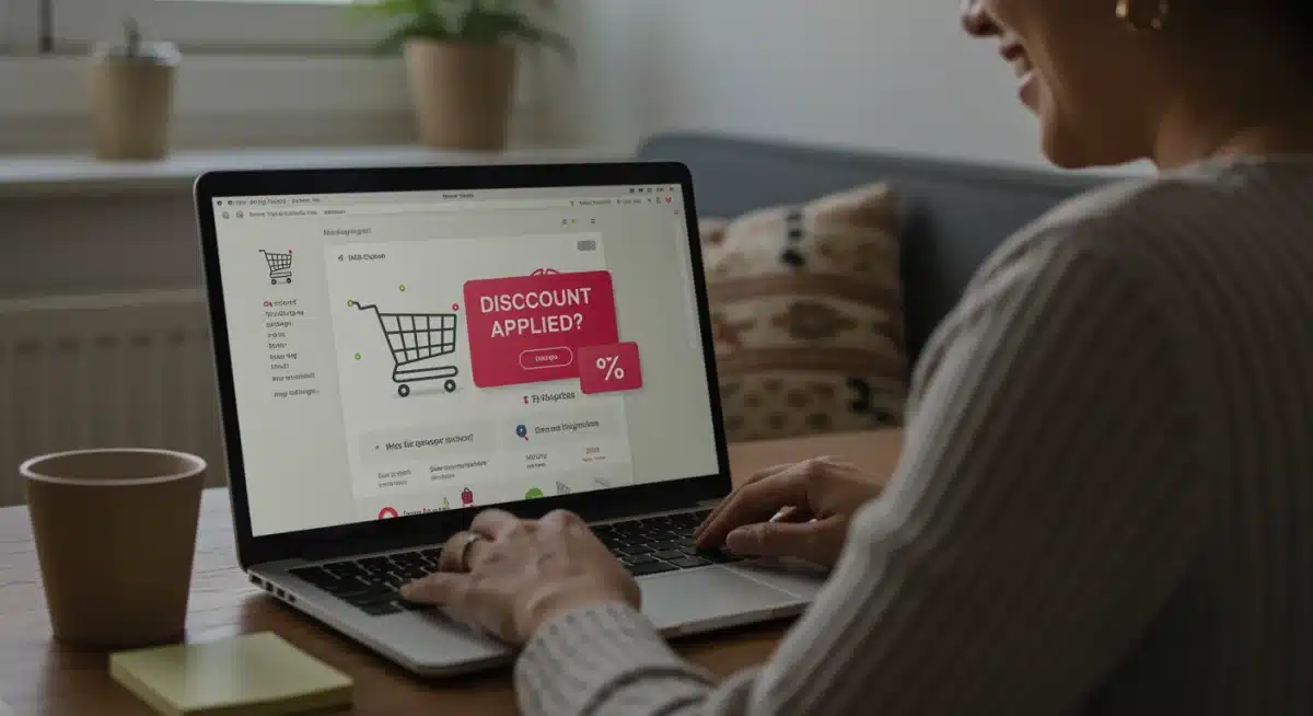 Happy shopper with laptop showing discount applied