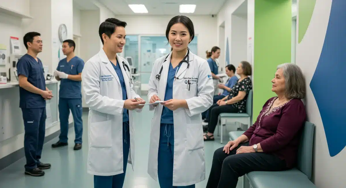 Healthcare workers attending to patients in a clinic, symbolizing healthcare job market expansion.