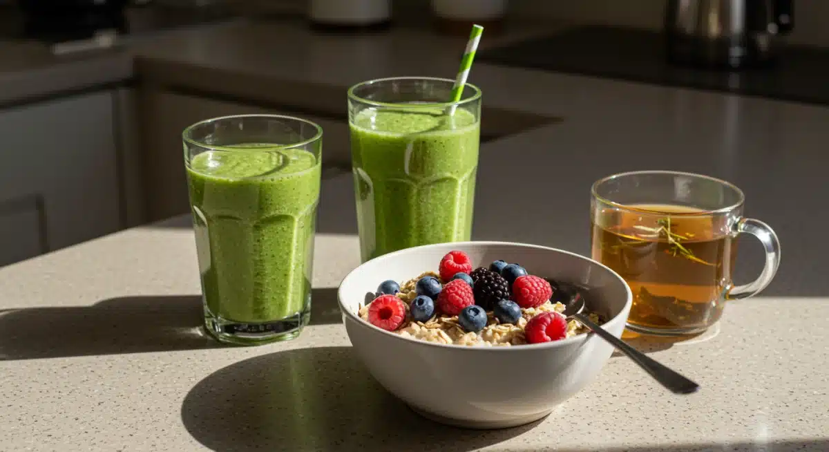 Healthy breakfast with oatmeal, smoothie, and tea for morning energy