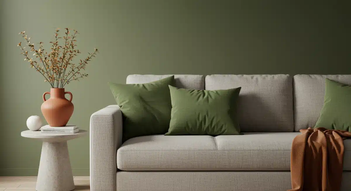 Modern living room with earthy green and terracotta accents