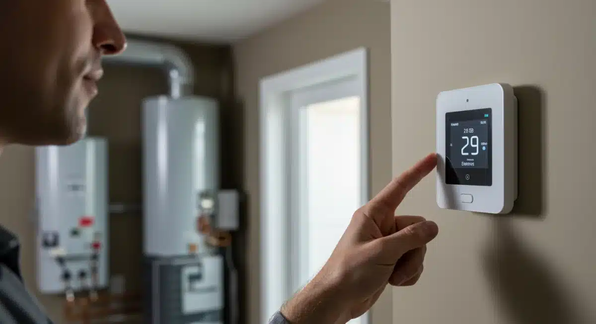 Homeowner interacting with a smart thermostat for energy management.