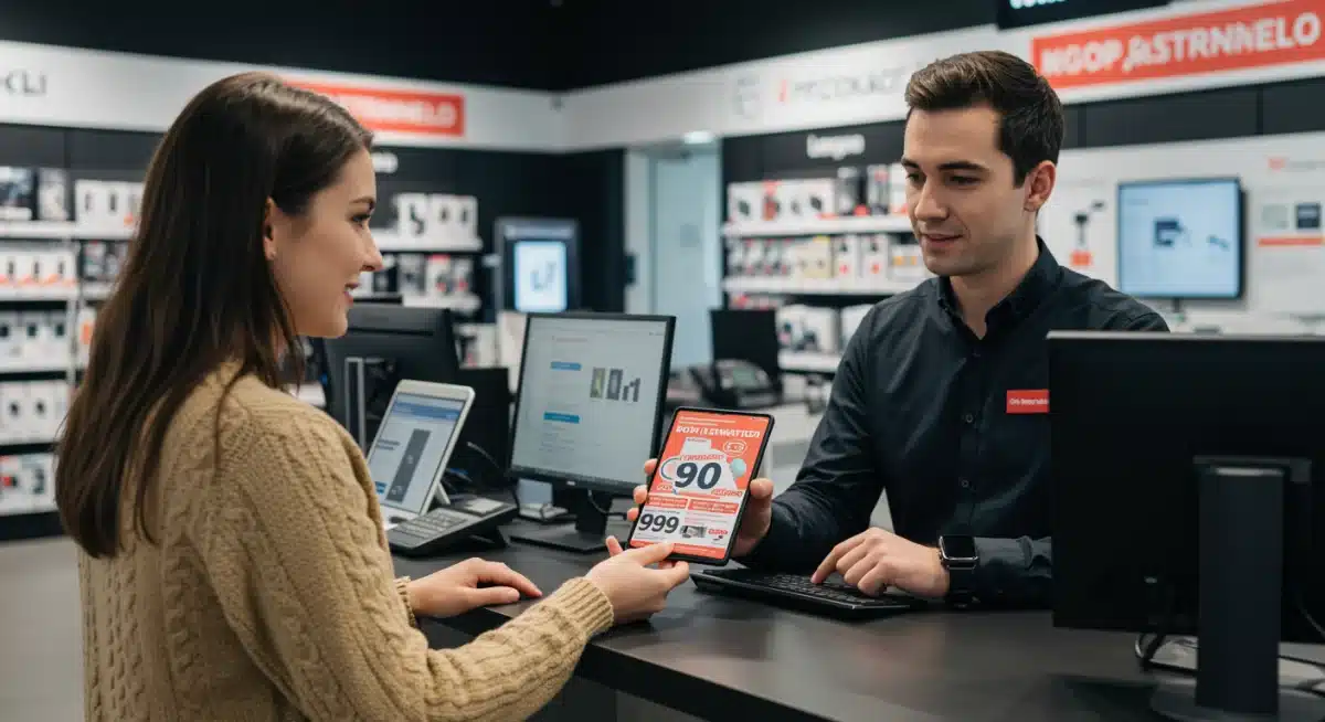 Customer successfully price matching a 2025 tech product at a retail store customer service desk.