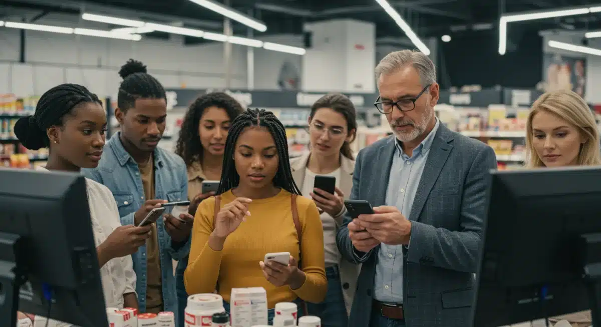 Consumers reviewing product labels and digital screens, exercising new rights