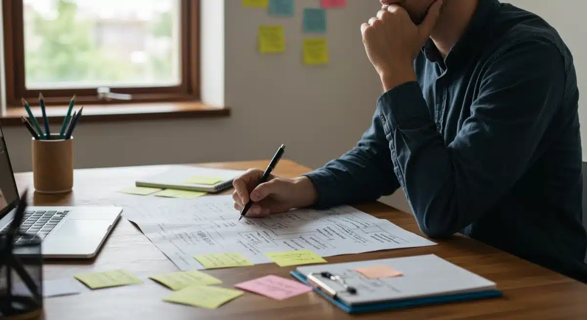 Person reflecting on values and strengths in a home office.