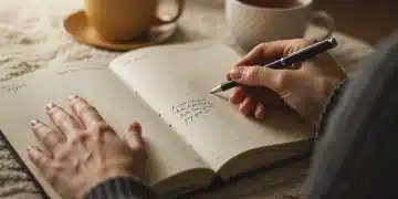 Person writing in a journal with a pen, surrounded by warm light, symbolizing clarity and reflection.