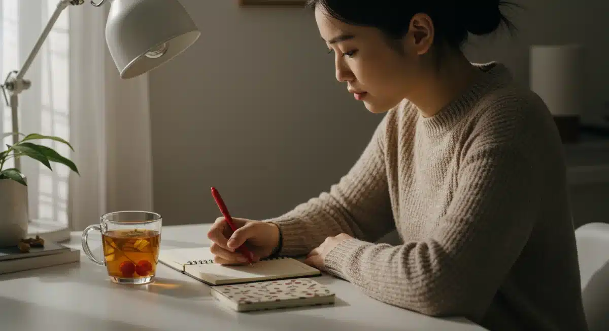 Person writing in a journal at a desk, engaging in reflective writing for mental clarity and stress reduction.