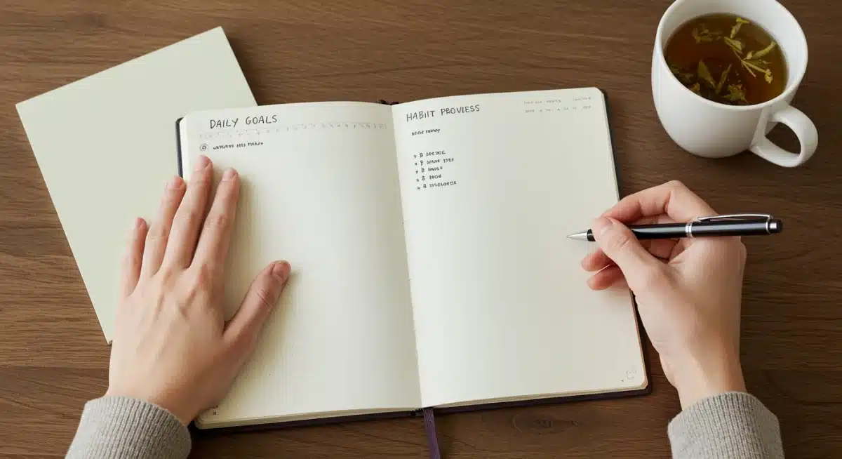 Person journaling daily goals, tracking habit progress with focus and dedication.