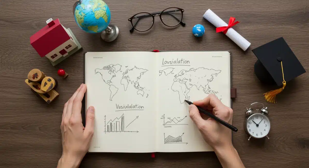 Person journaling their visualized dreams, surrounded by symbols of achievement.