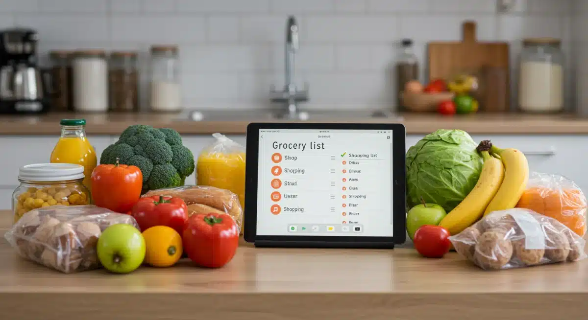 Organized groceries on a kitchen counter with a tablet showing a shopping list app.
