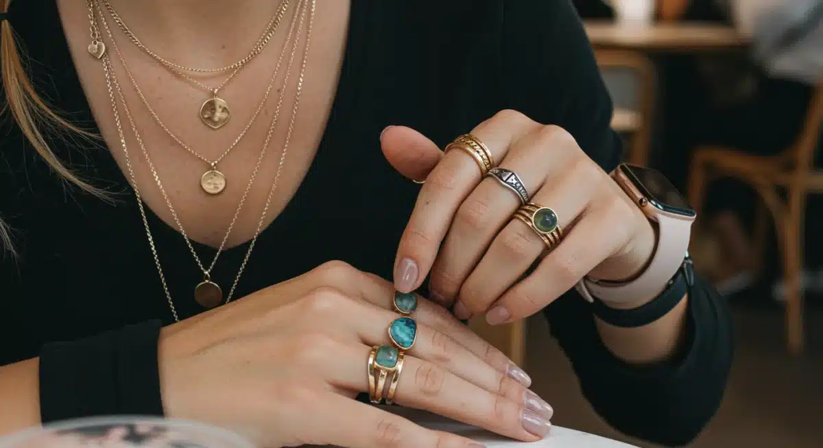 Layered chunky jewelry and minimalist smartwatch on hands in a chic cafe setting.