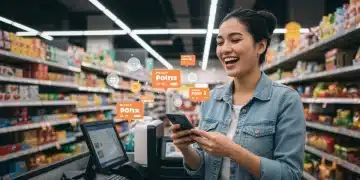 Maximize Loyalty Program Points: 20% More Value 2025 Person using smartphone for loyalty points at checkout, smart shopping