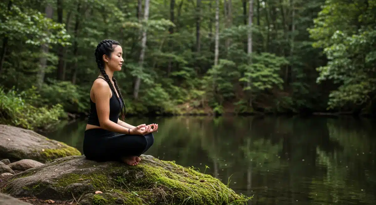 Person meditating peacefully in a serene natural landscape.