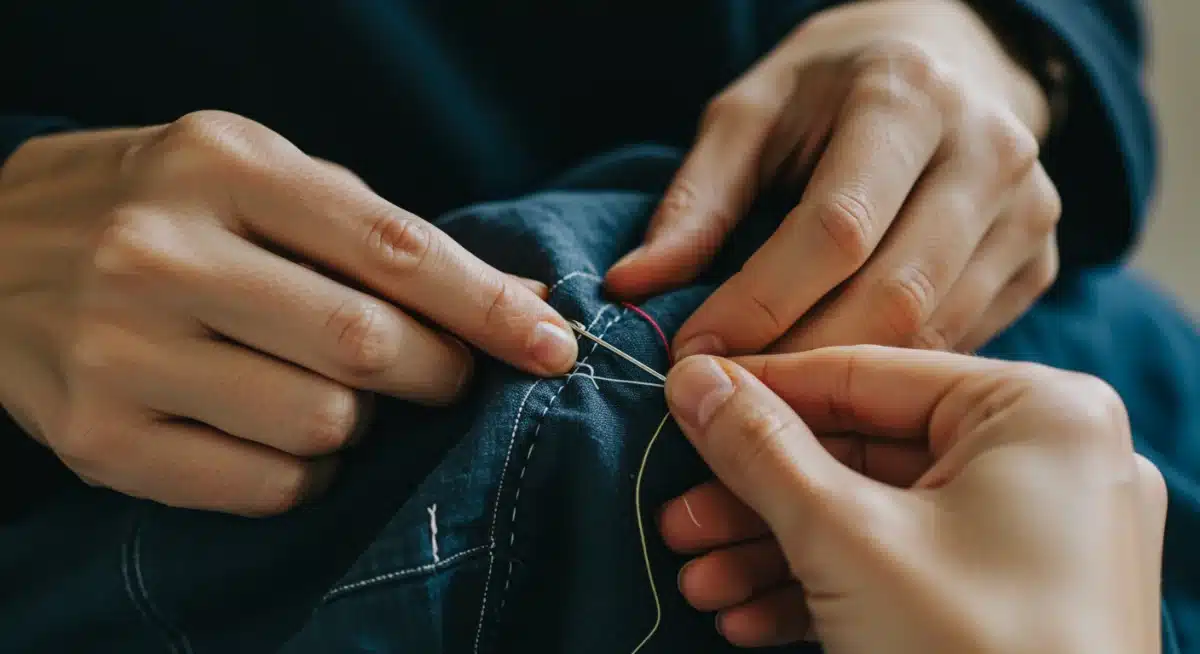Hands mending a vintage garment, promoting repair culture