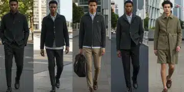Diverse men modeling 2025 fashion trends: urban, heritage, tech, minimalist, artisanal, gender-fluid.