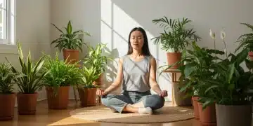 Person meditating peacefully in a sunlit room, symbolizing mindful living and stress reduction.