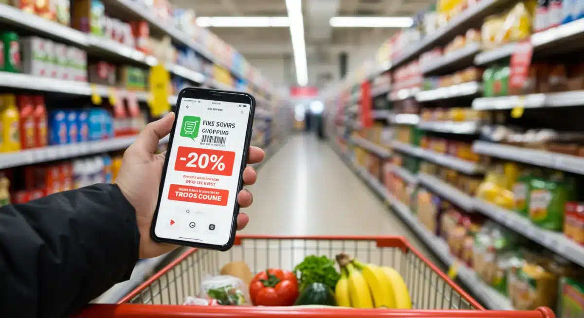 Shopper using a mobile app to find deals in a grocery store aisle.