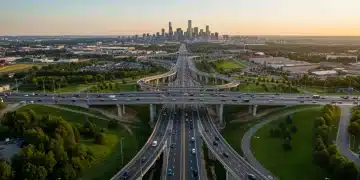 Modern highway interchange with flowing traffic and city skyline, representing infrastructure improvements