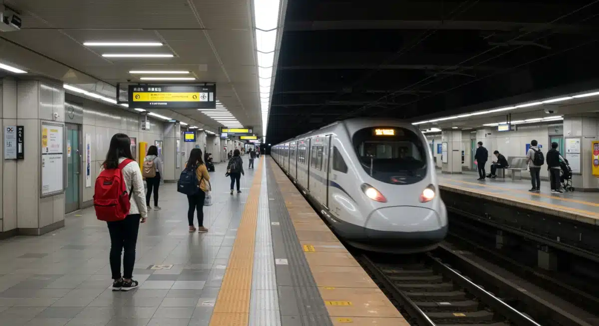Modern public transit station with high-speed train and diverse commuters