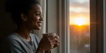 Person enjoying a quiet morning coffee, finding joy in a simple daily ritual