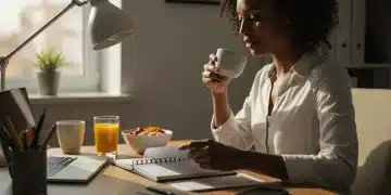 US professional starting a productive morning with coffee and planner