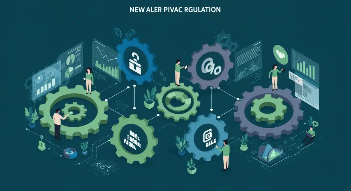 Infographic depicting four new digital privacy regulations as interconnected gears, symbolizing their impact on user data.